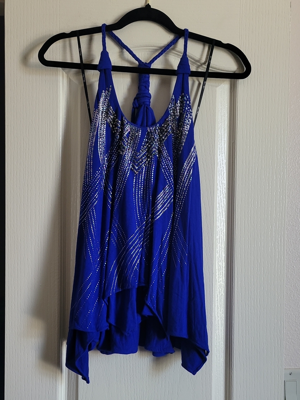 Miss Me Royal Blue Rhinestone-Embellished Handkerchief-Hem Tank
